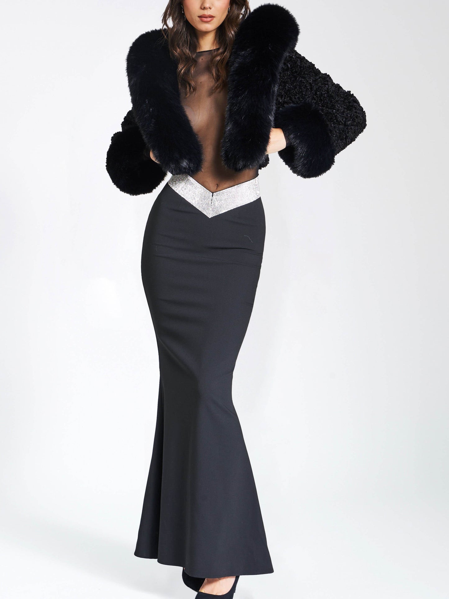 Faux Fur Hooded Cropped Coat With Rabbit Fur Collar