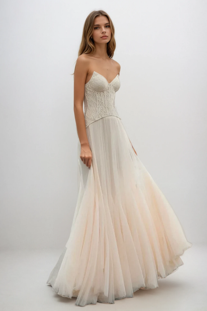 Beppe Lace Corset Tulle Dress In Cream