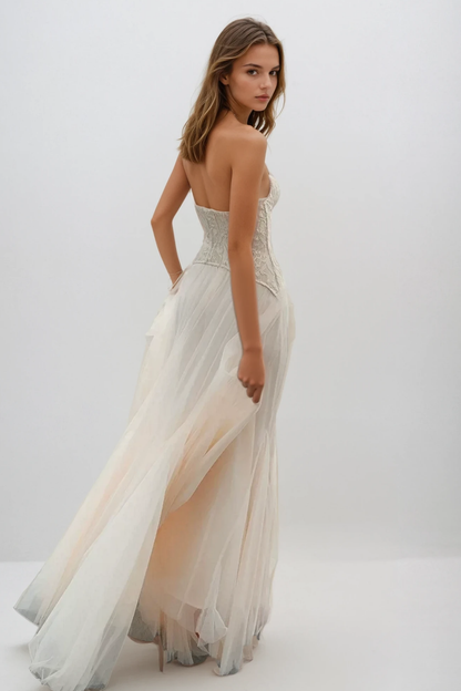 Beppe Lace Corset Tulle Dress In Cream