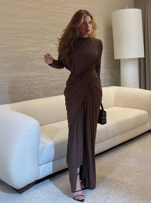 Asymmetric Design Pleated Long Sleeve Maxi Dress