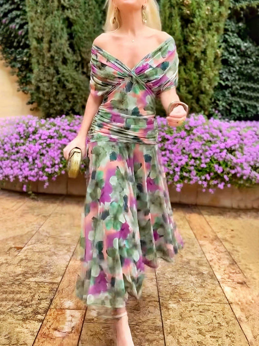 Elegant V-neck Fantasy Painted Floral Print Party Maxi Dress