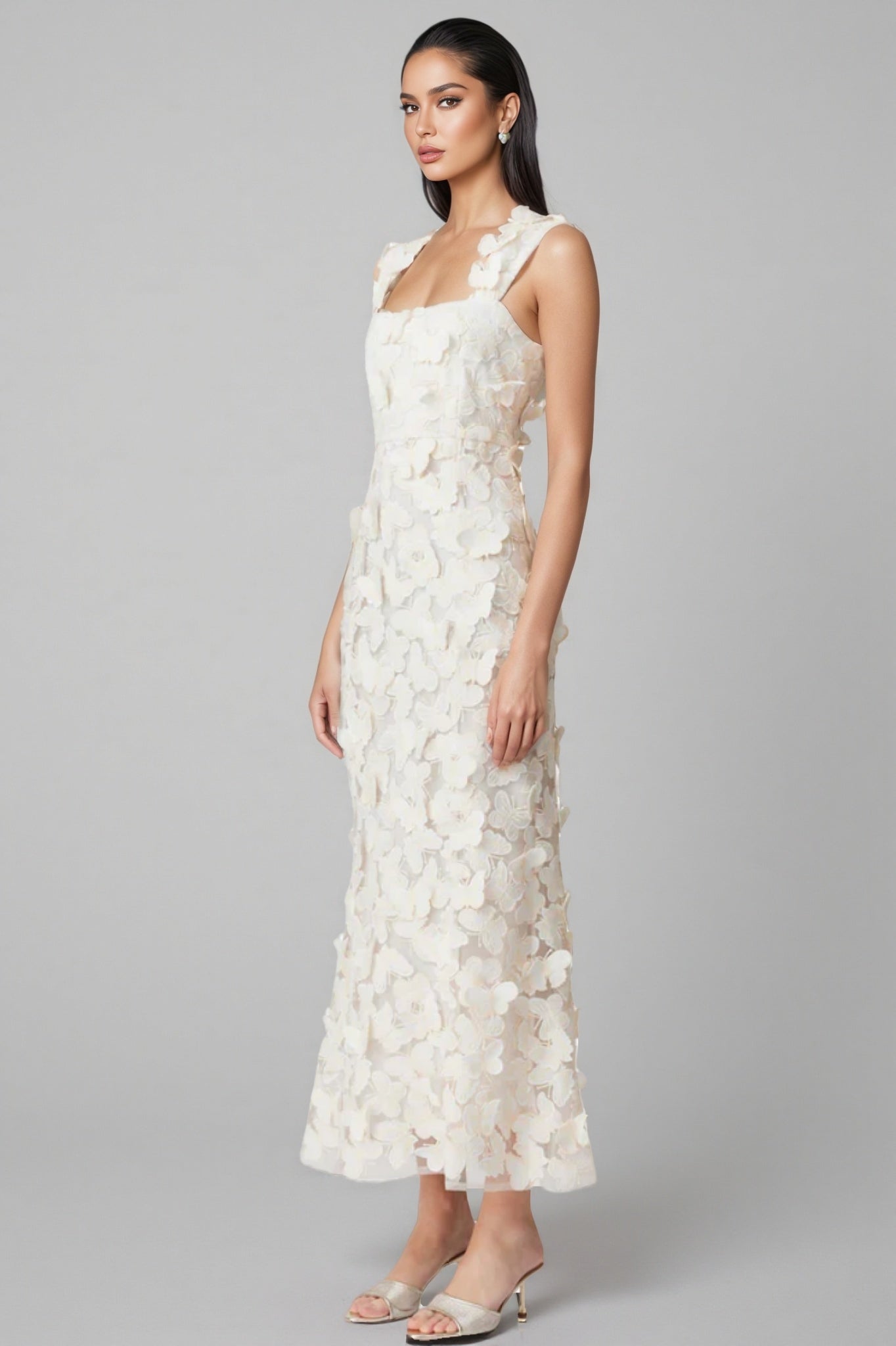Sienla White Butterfly Midi Dress