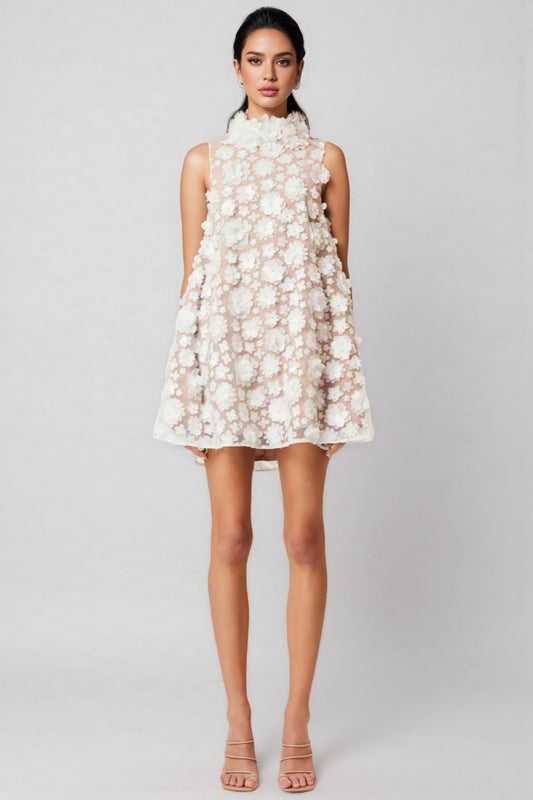 Maline White High Neck Trapeze Mini Dress