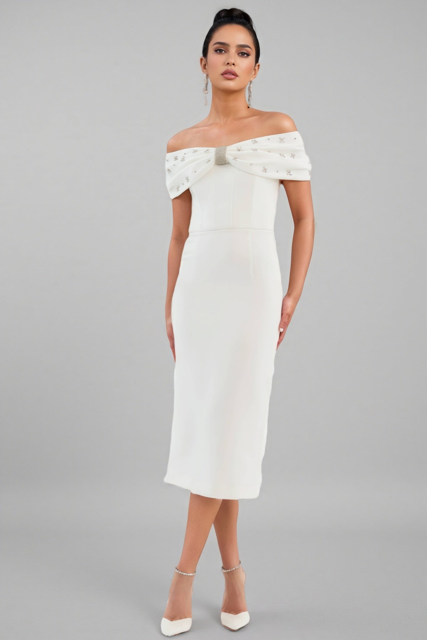 Zivaf White Beaded Rhinestone Midi Dress
