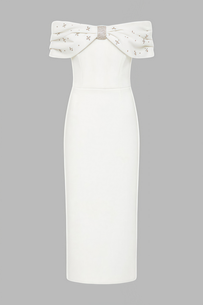 Zivaf White Beaded Rhinestone Midi Dress