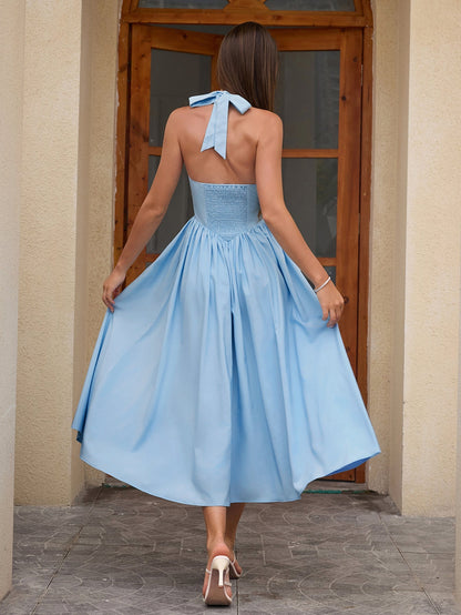 Halter Ruched Backless Flared Pocket Long Dress