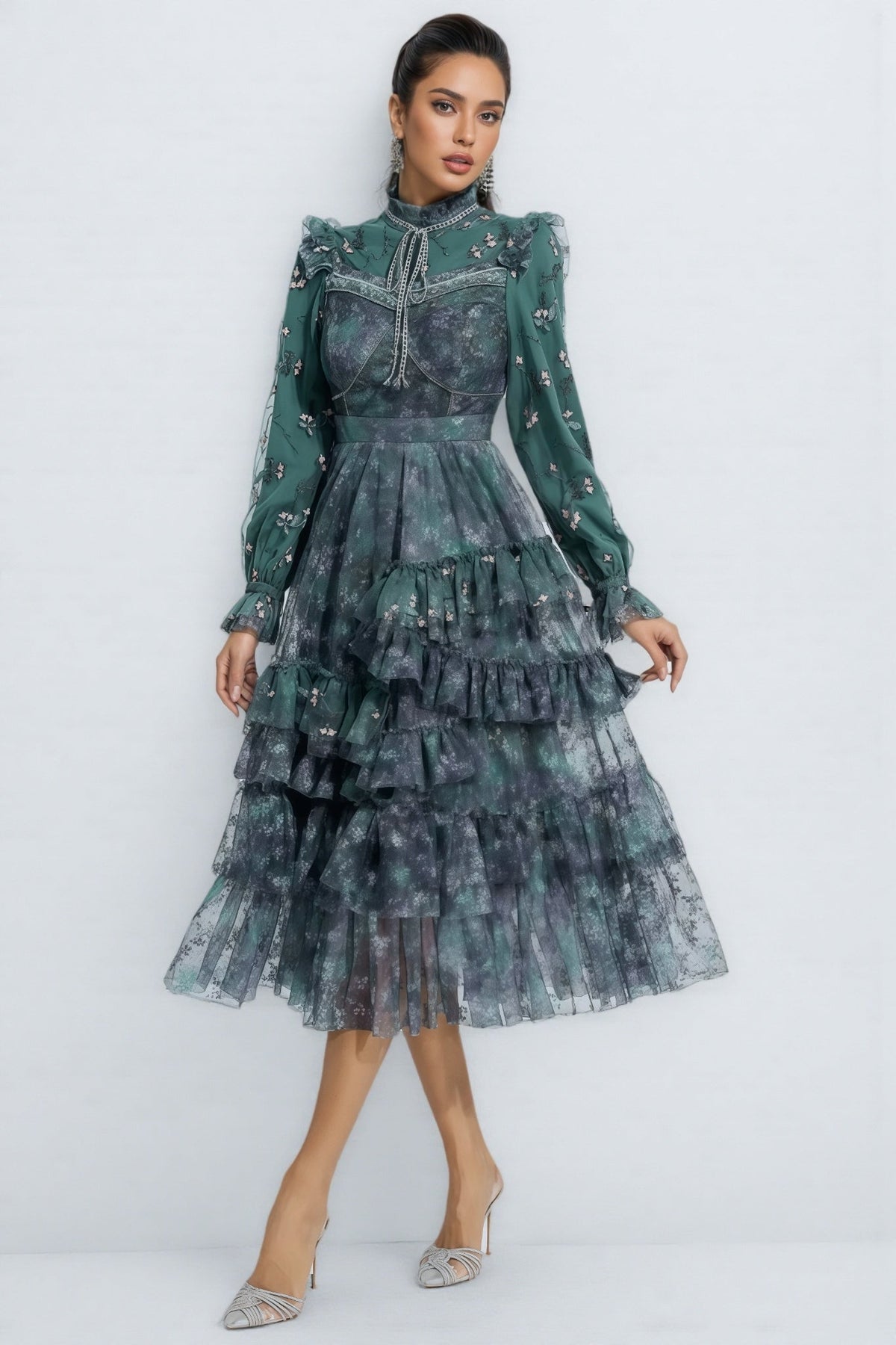Fagaro Green Floral Mesh Midi Dress