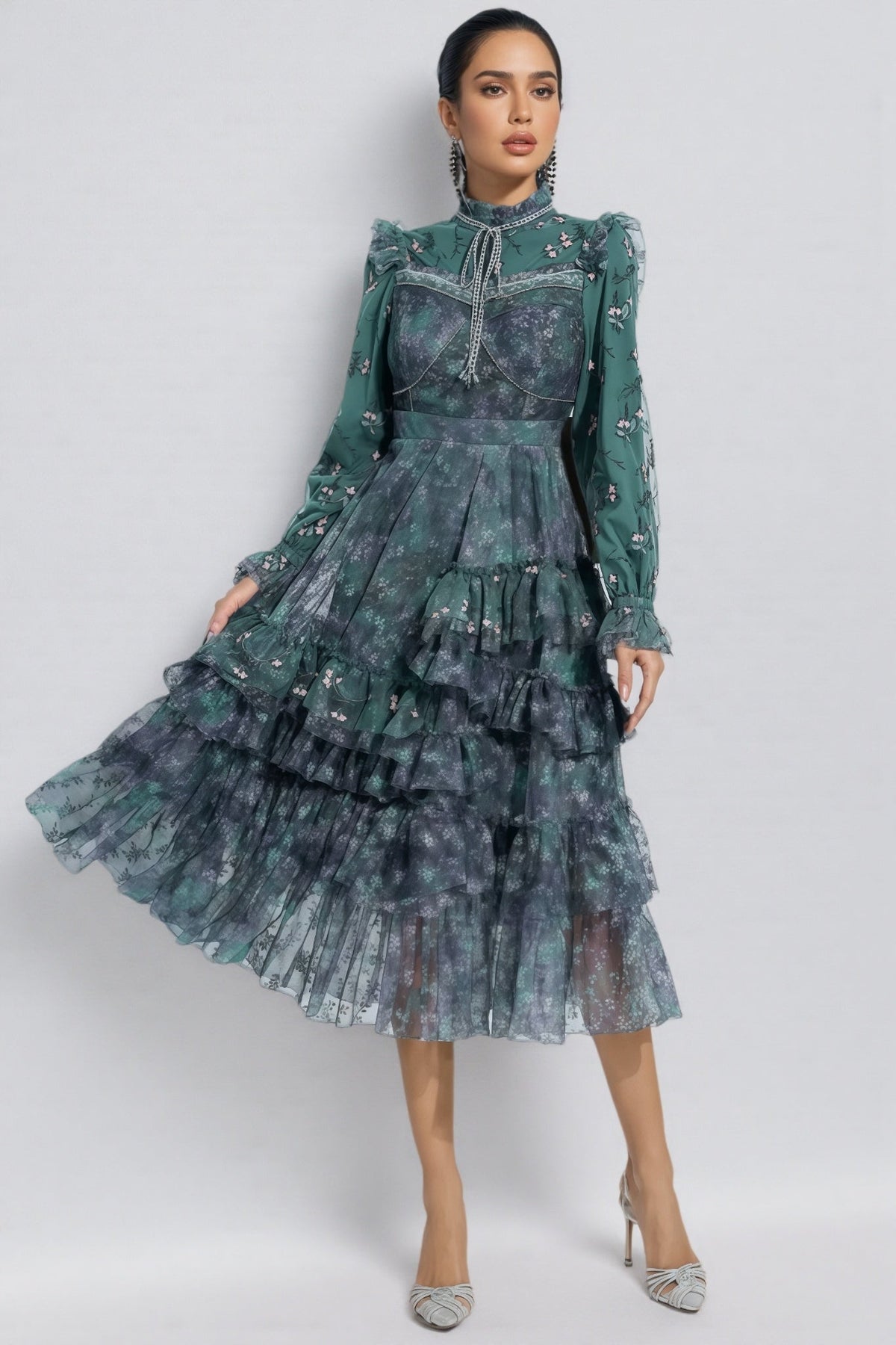 Fagaro Green Floral Mesh Midi Dress