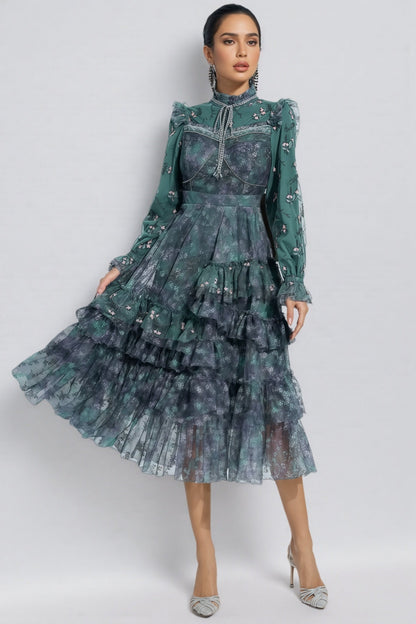 Fagaro Green Floral Mesh Midi Dress