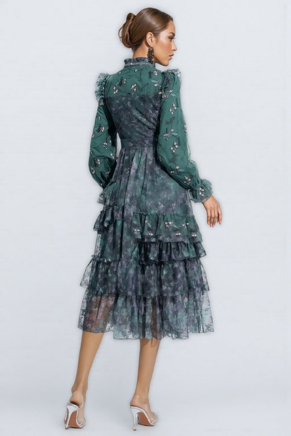 Fagaro Green Floral Mesh Midi Dress