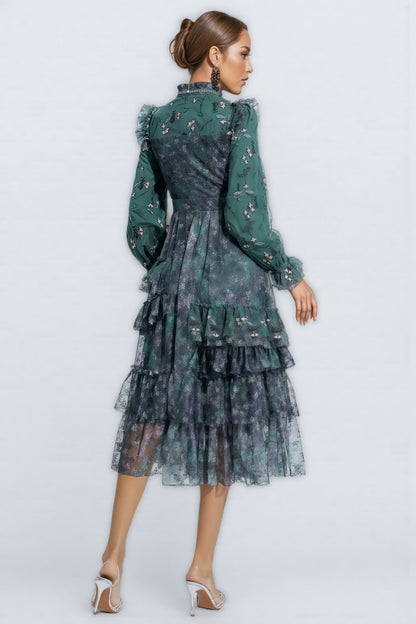 Fagaro Green Floral Mesh Midi Dress
