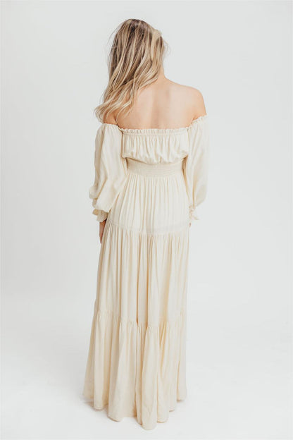 Off-Shoulder Smocking Long Sleeve Split Midi Dress