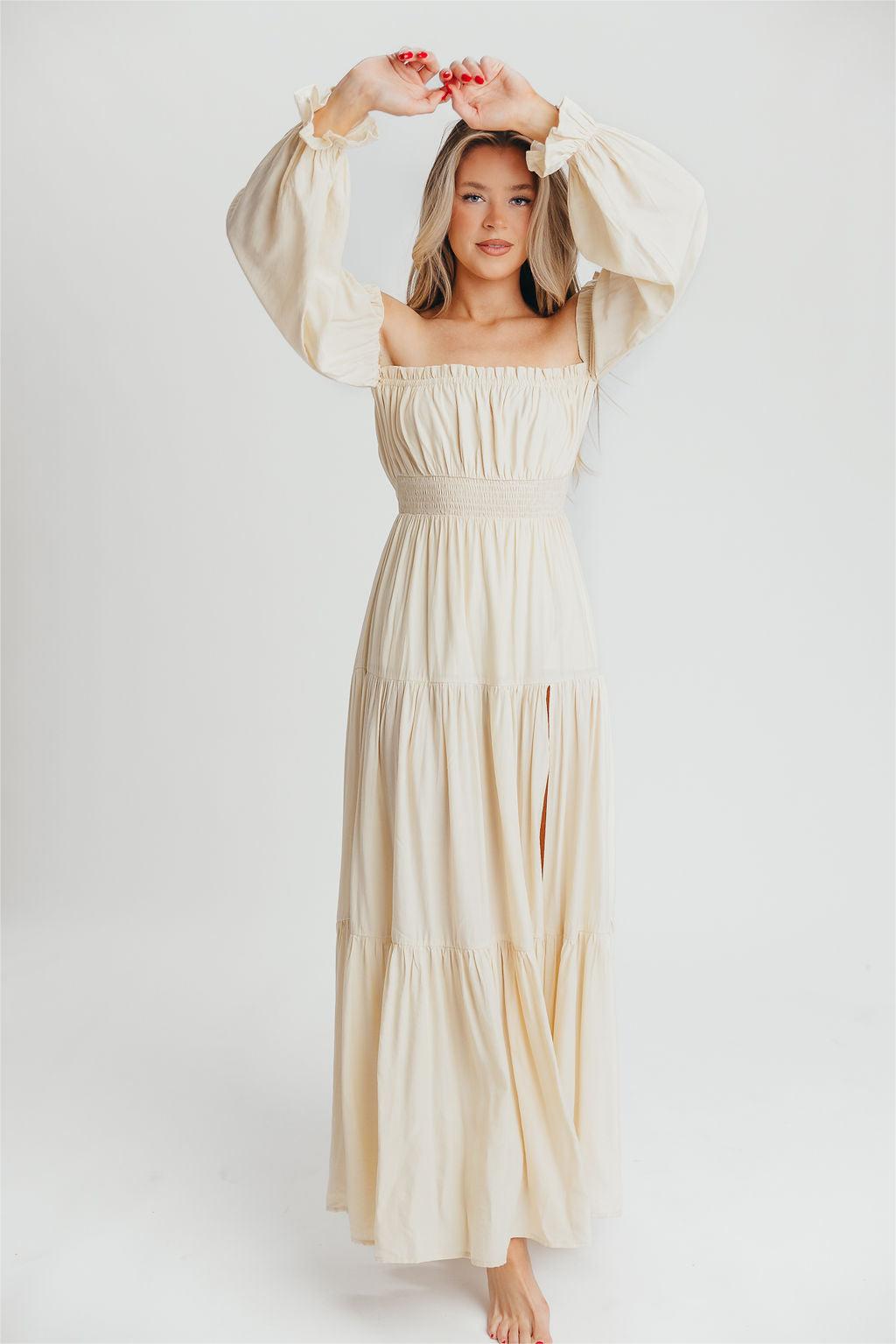 Off-Shoulder Smocking Long Sleeve Split Midi Dress