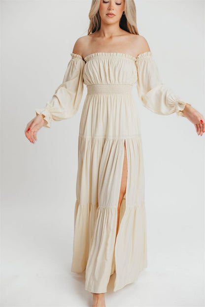 Off-Shoulder Smocking Long Sleeve Split Midi Dress