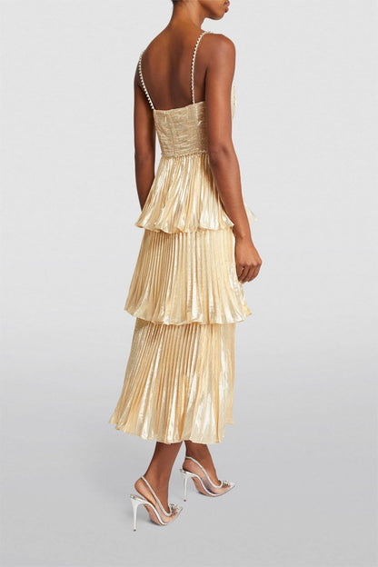 Rhinestone Sleeveless Pleat Solid Midi Dress