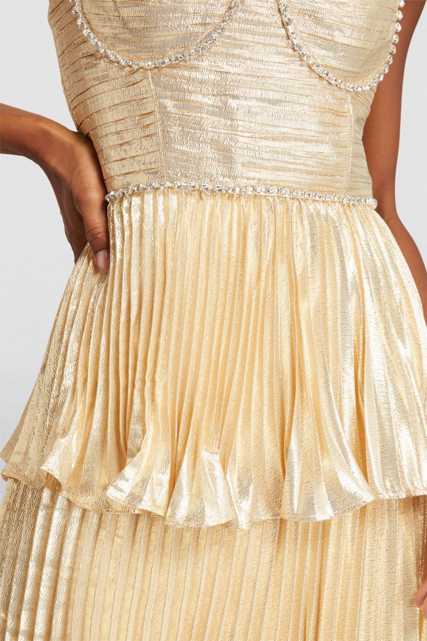 Rhinestone Sleeveless Pleat Solid Midi Dress