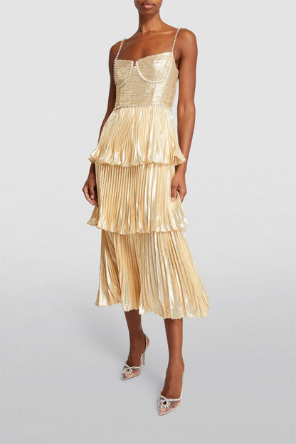 Rhinestone Sleeveless Pleat Solid Midi Dress