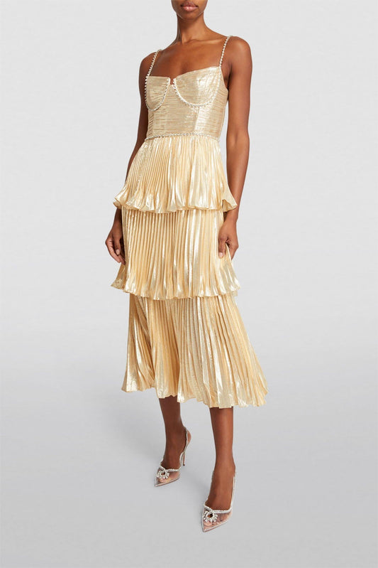 Rhinestone Sleeveless Pleat Solid Midi Dress