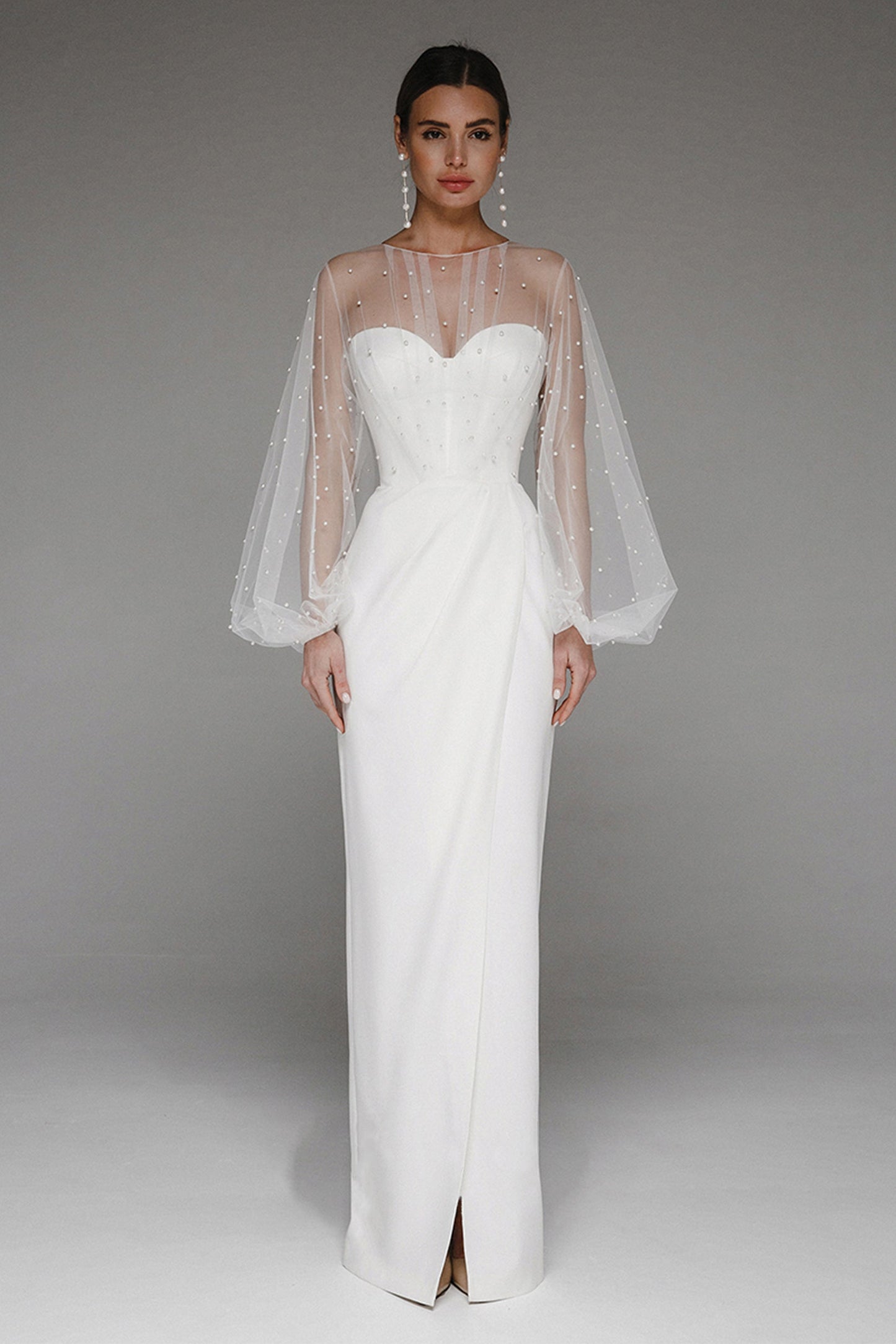 Faux Pearl Lantern Sleeve Midi Dress