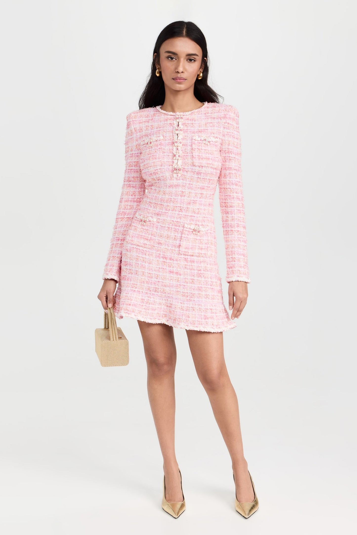 Knit Round Neck Checks Mini Dress