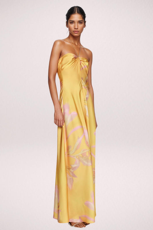 Satin Floral Halter Neck Midi Dress