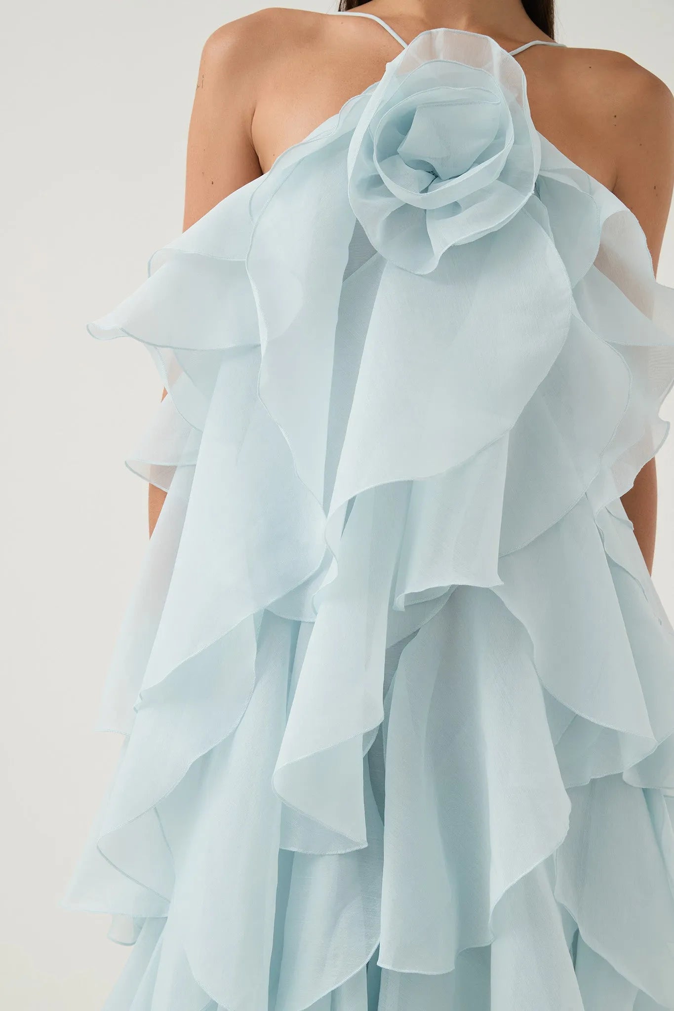 3D Flower Halter Neck Frill Maxi Dress