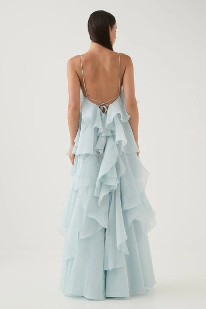 3D Flower Halter Neck Frill Maxi Dress