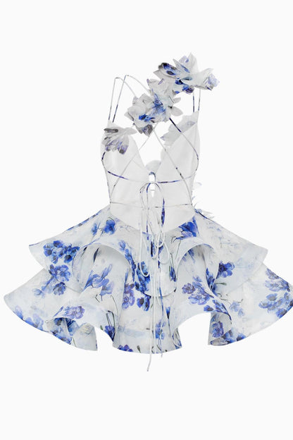 3D Flower Chiffon Ruffle Mini Dress