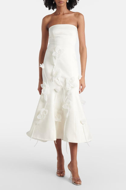 3D Flower Satin Sleeveless Midi Dress