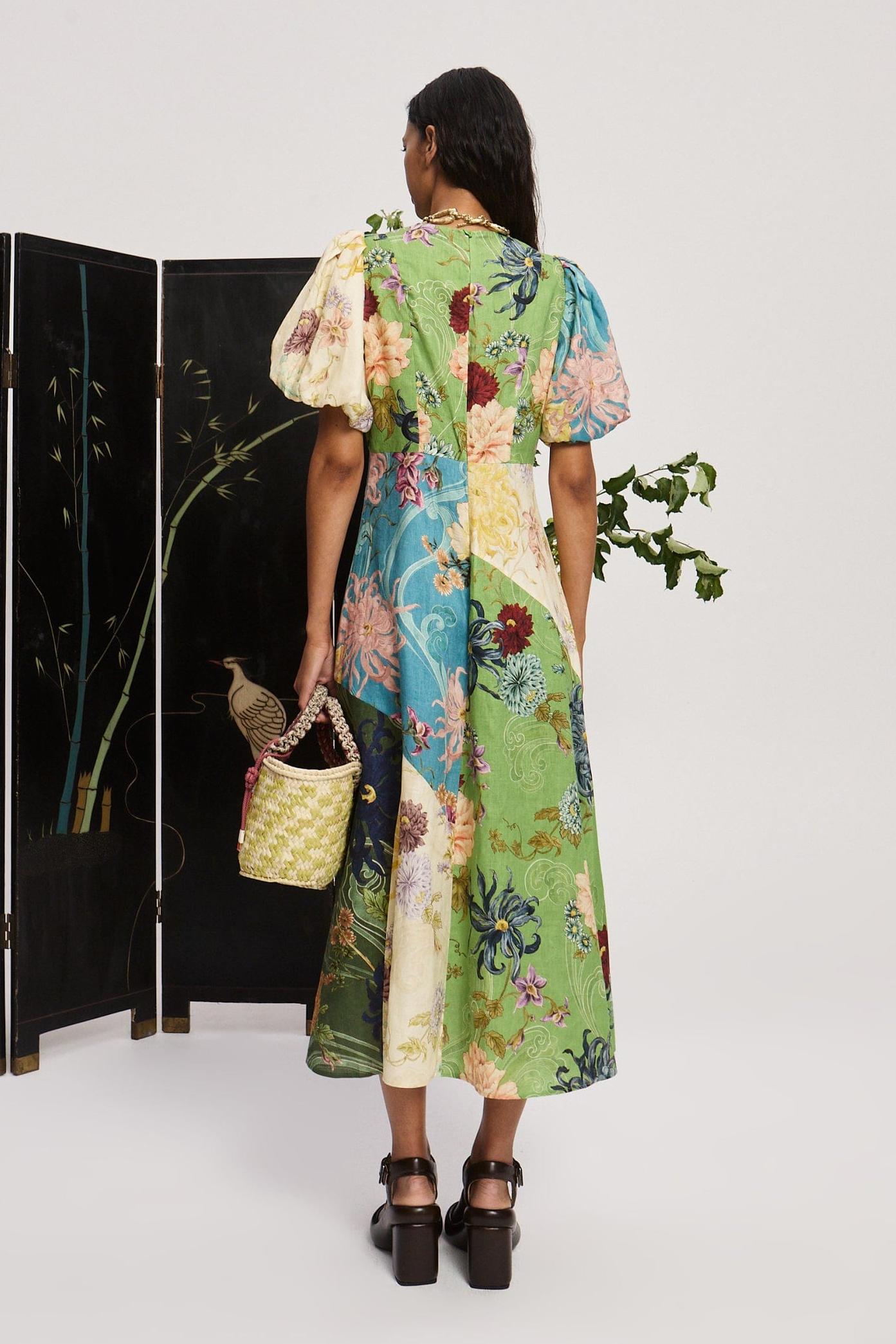 Floral Splicing Puff Sleeve Midi Dress