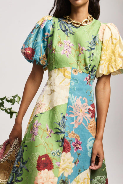 Floral Splicing Puff Sleeve Midi Dress