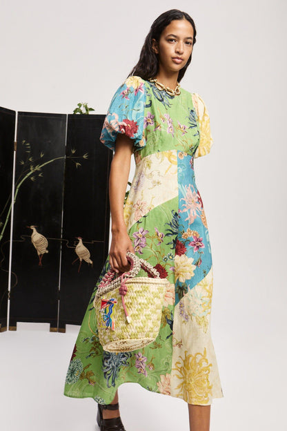 Floral Splicing Puff Sleeve Midi Dress