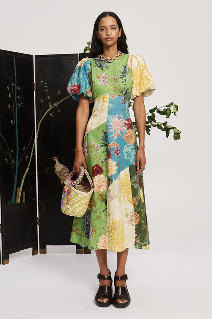 Floral Splicing Puff Sleeve Midi Dress