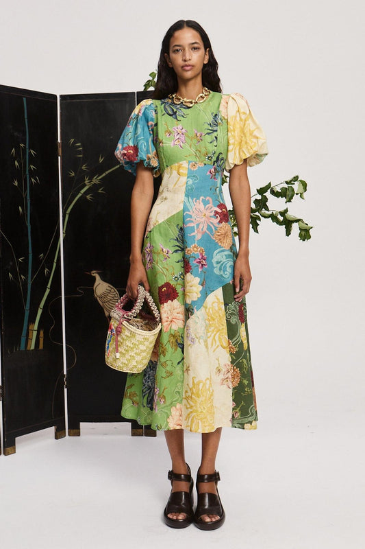 Floral Splicing Puff Sleeve Midi Dress
