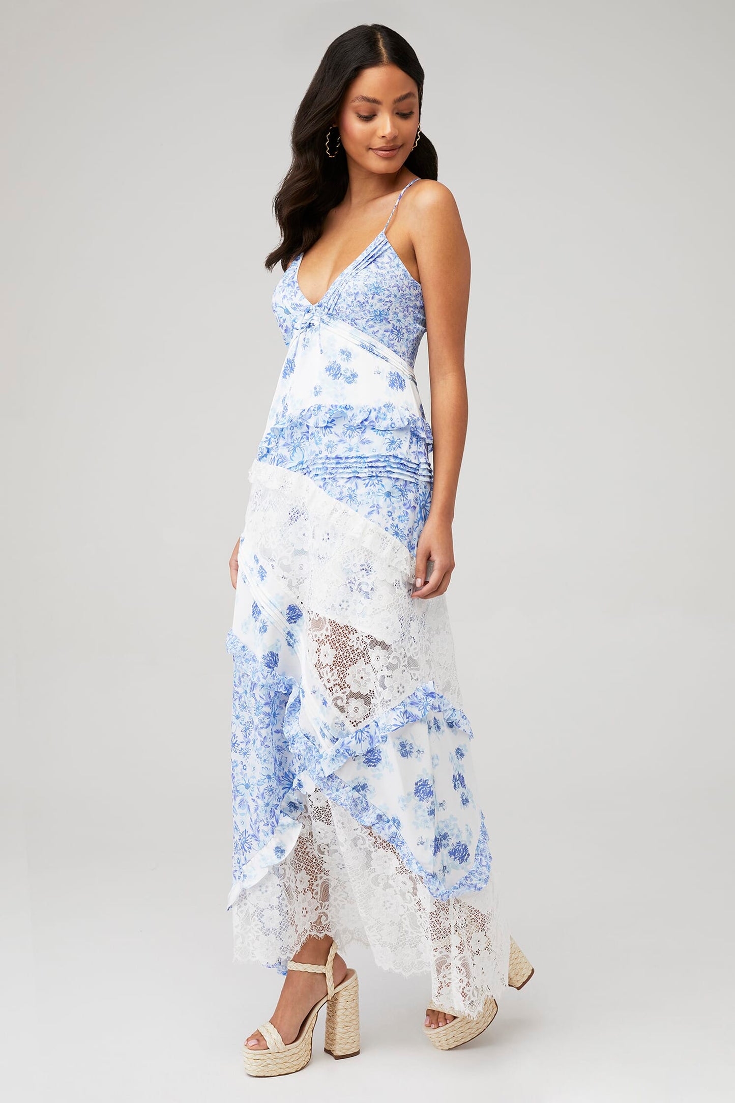 Floral Splicing Lace Slip Midi Dress