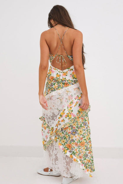Floral Splicing Lace Slip Midi Dress