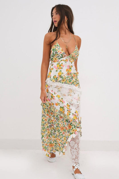 Floral Splicing Lace Slip Midi Dress