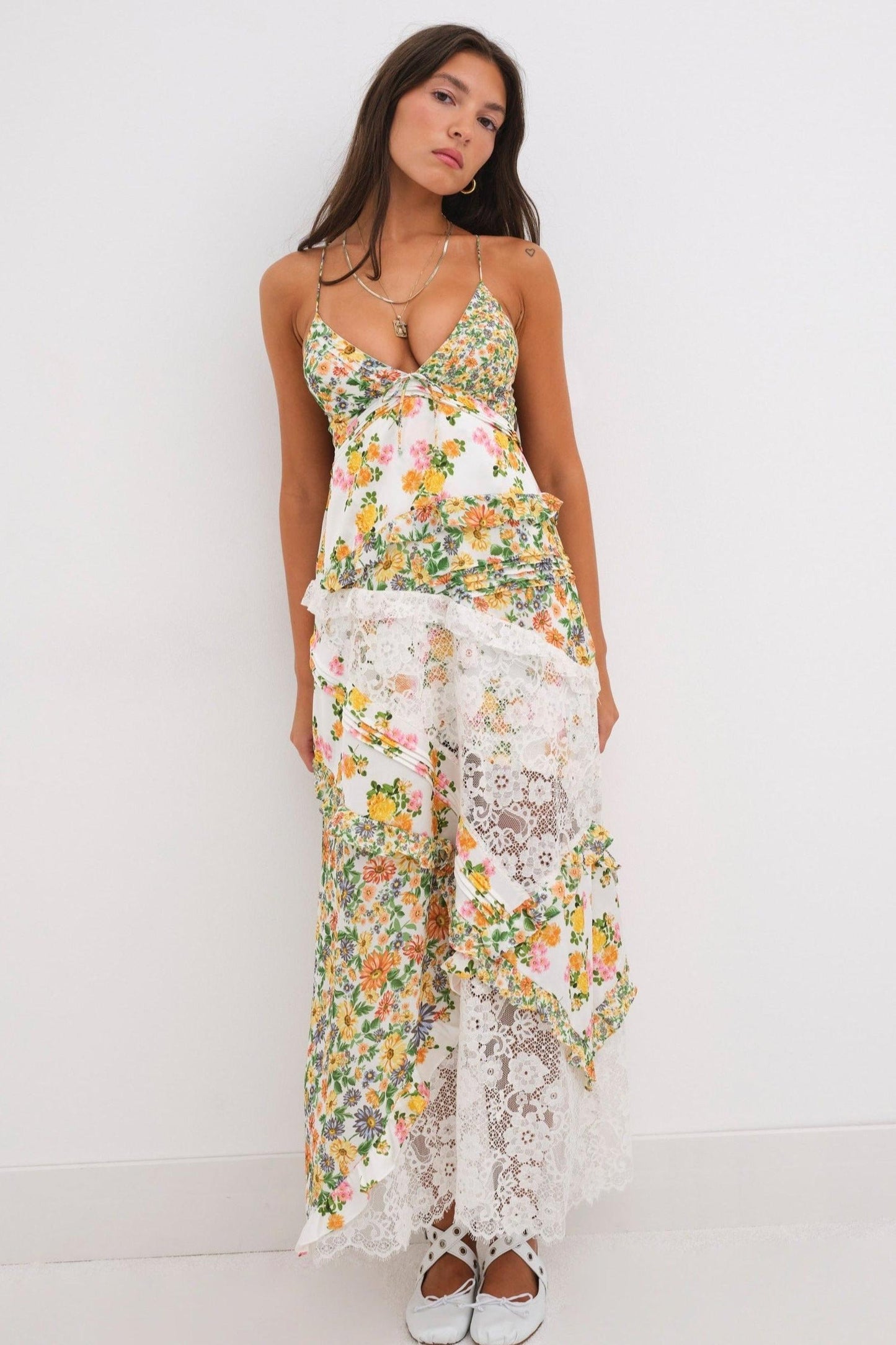 Floral Splicing Lace Slip Midi Dress