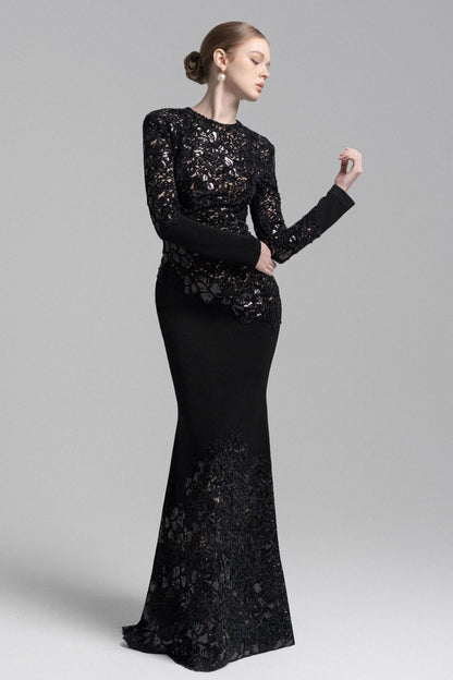Sequin Splicing Embroidery Long Sleeve Maxi Dress