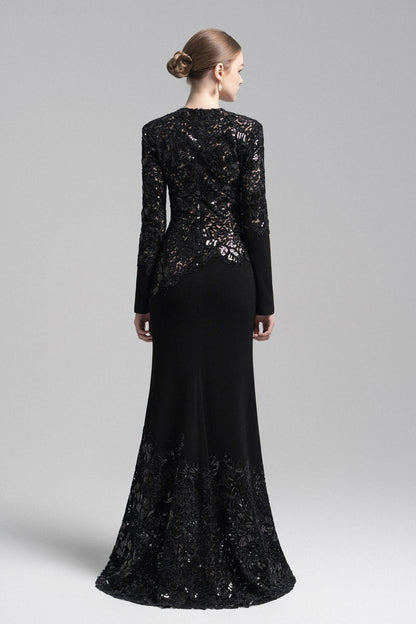 Sequin Splicing Embroidery Long Sleeve Maxi Dress