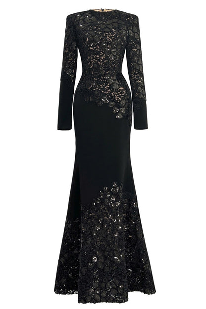 Sequin Splicing Embroidery Long Sleeve Maxi Dress
