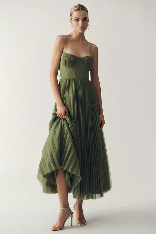 Solid Pleated Slip Midi Dress