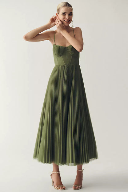Solid Pleated Slip Midi Dress