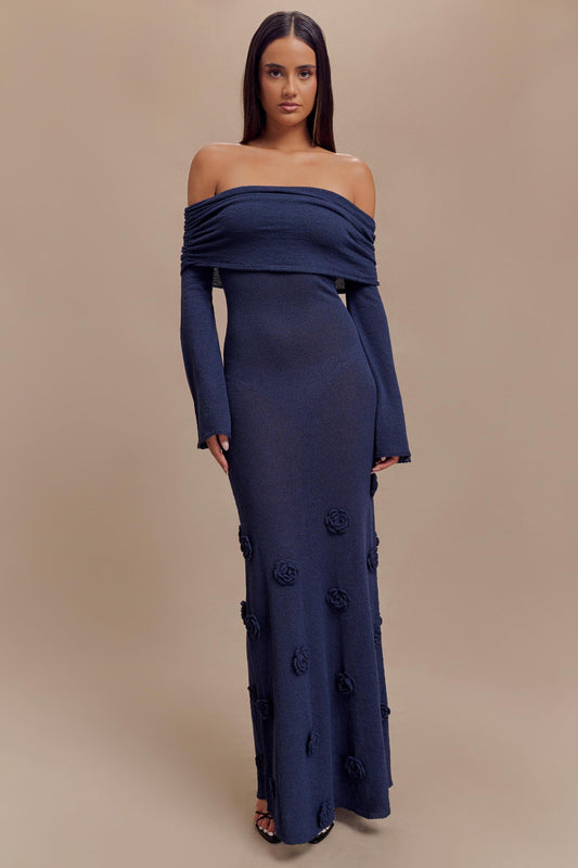 Knit Off-Shoulder 3D Flower Maxi Dress