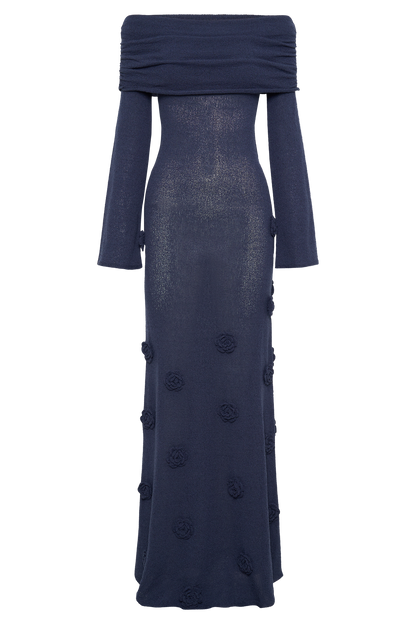 Knit Off-Shoulder 3D Flower Maxi Dress