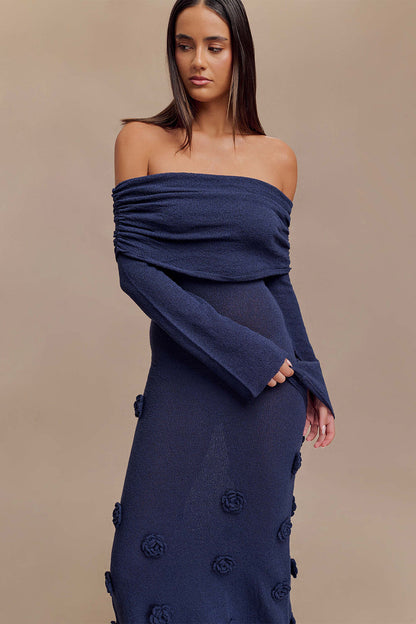 Knit Off-Shoulder 3D Flower Maxi Dress