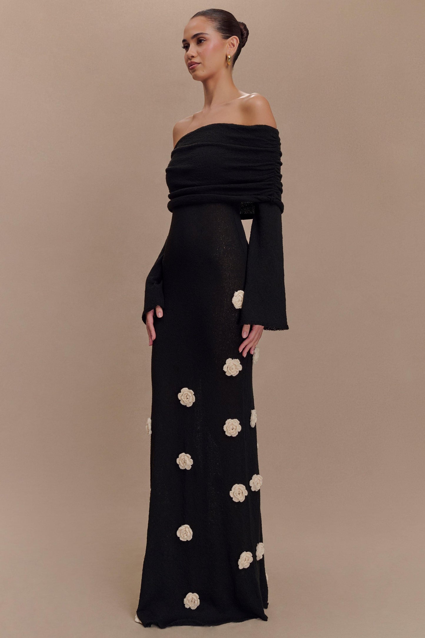 Knit Off-Shoulder 3D Flower Maxi Dress