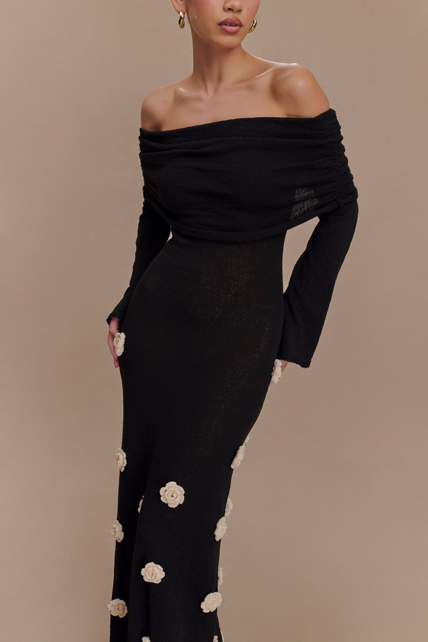 Knit Off-Shoulder 3D Flower Maxi Dress