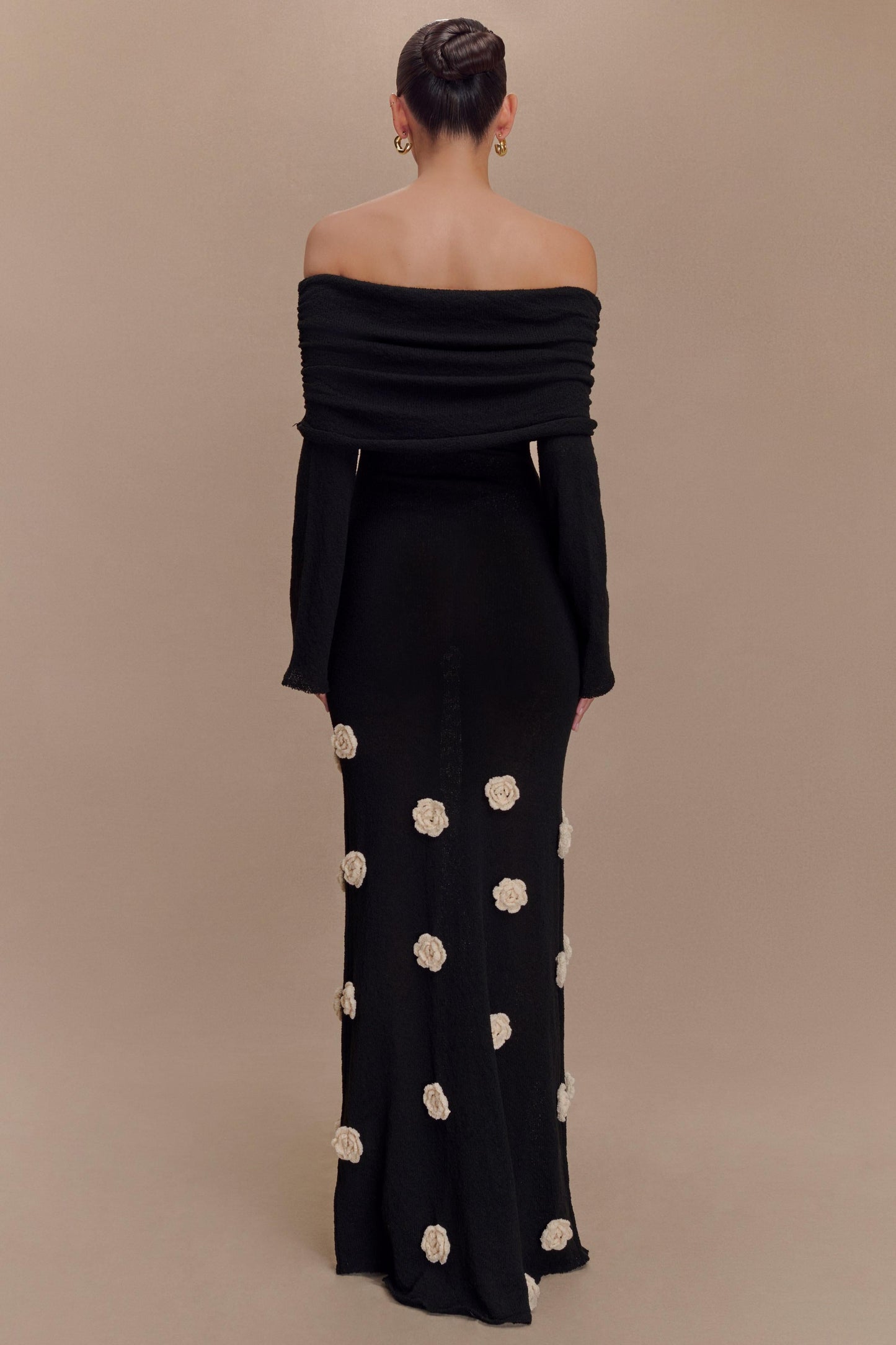 Knit Off-Shoulder 3D Flower Maxi Dress