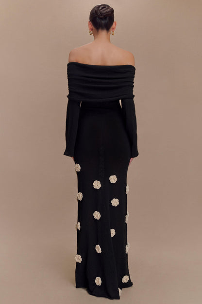 Knit Off-Shoulder 3D Flower Maxi Dress